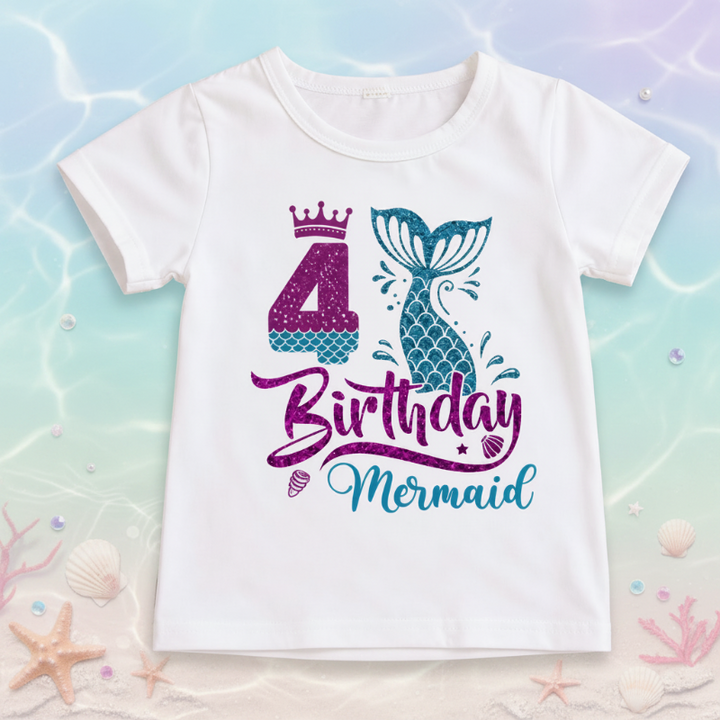 White fourth-birthday T-shirt with a purple number 4, crown, and teal mermaid tail