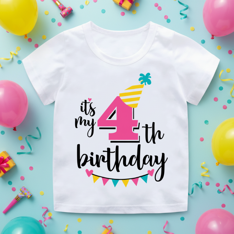 White fourth-birthday T-shirt with a pink number 4, yellow party hat, and colorful bunting