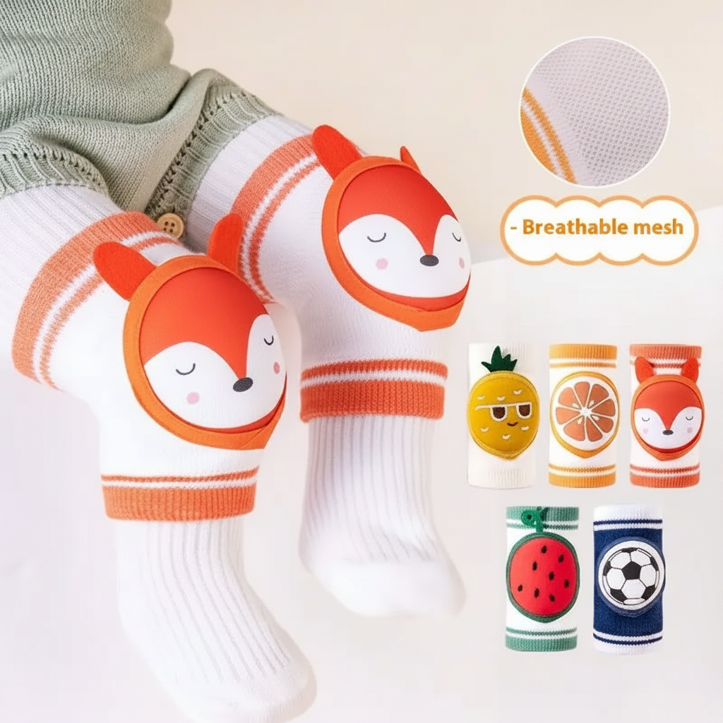 Fox knee pads worn over tights with a knit-detail inset and other designs alongside.