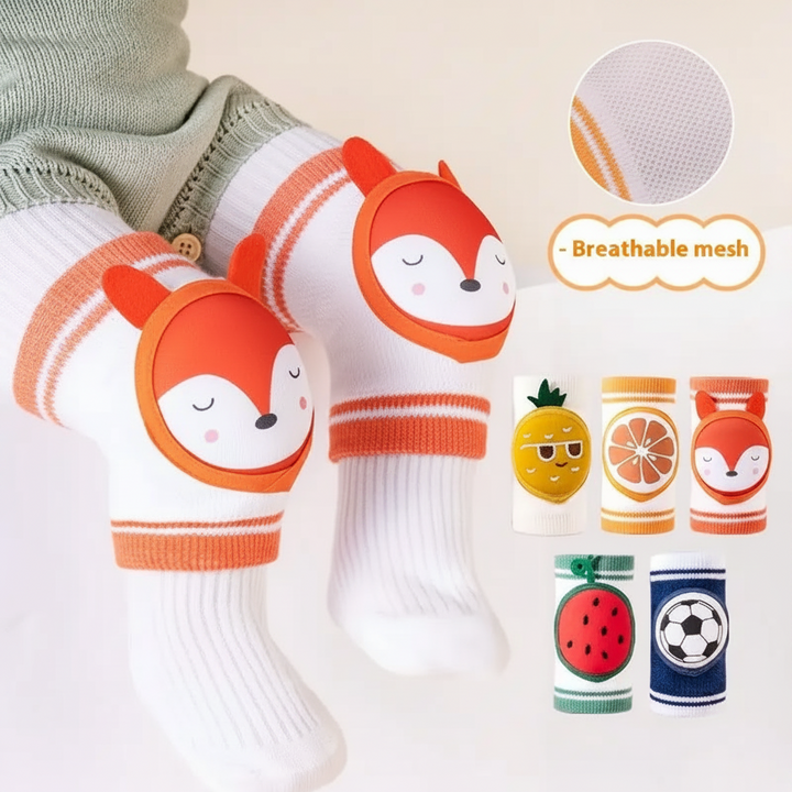 Fox knee pads worn over tights with a knit-detail inset and other designs alongside.