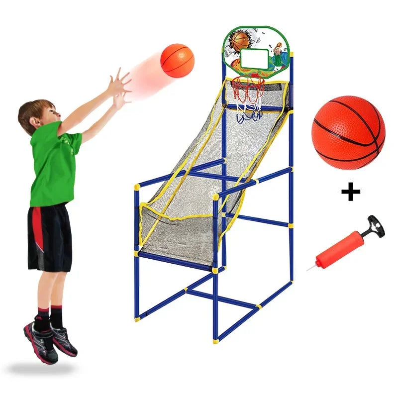 Basketball hoop set shown with a child shooting, a small basketball, and a hand pump