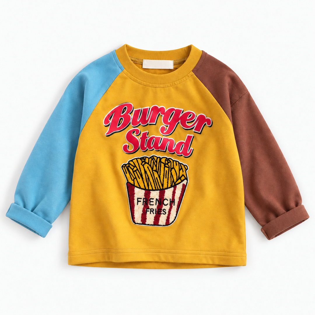 Yellow French fries graphic long-sleeve shirt with blue and brown raglan sleeves