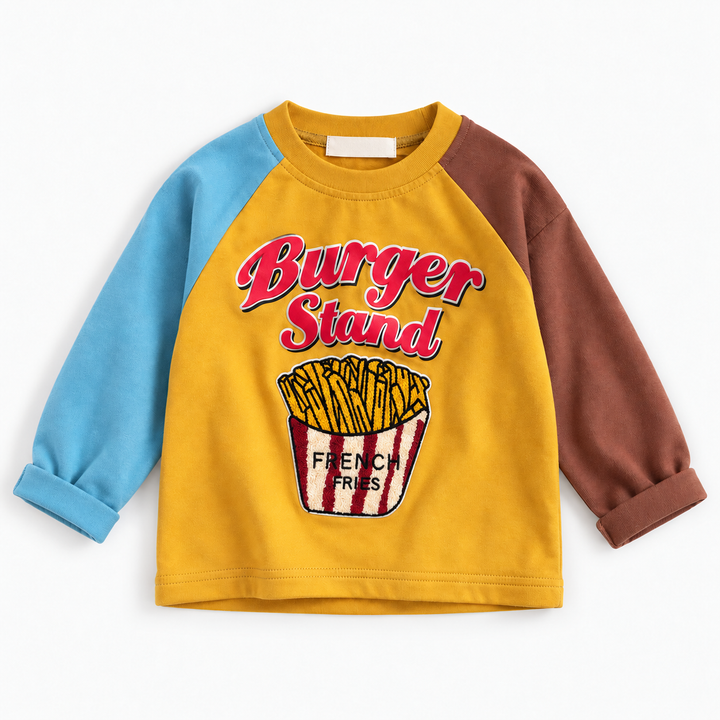 Yellow French fries graphic long-sleeve shirt with blue and brown raglan sleeves