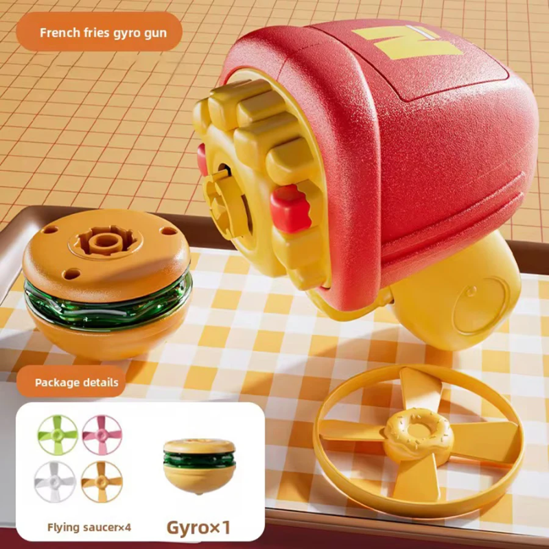 French fry launcher with a spinning gyro and package details showing four flying disks