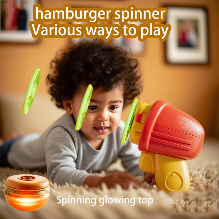 Child playing indoors with a french fry launcher, green disks, and a spinning gyro
