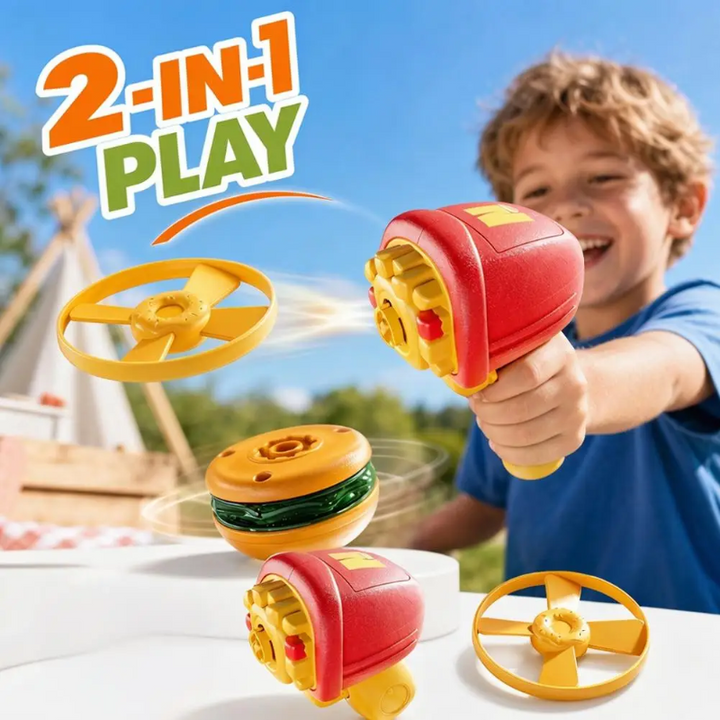 Child holding a french fry launcher outdoors with a yellow flying disk in motion