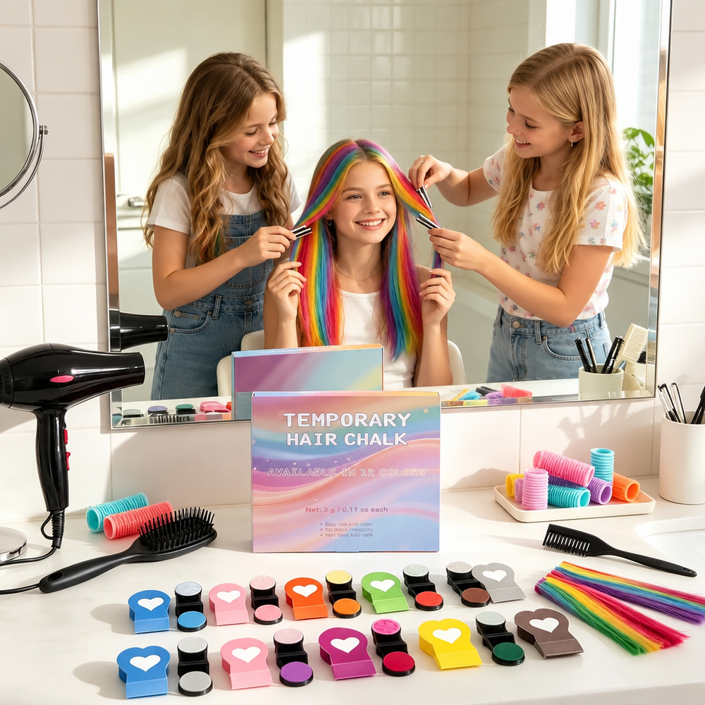 Children styling rainbow-colored hair at a mirror with hair chalk on the counter