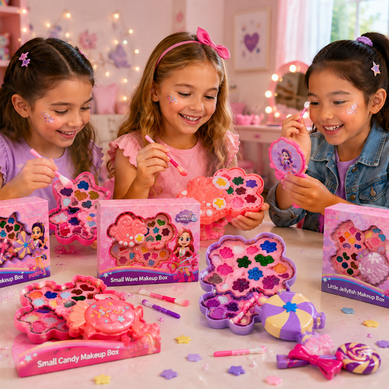 Three children exploring colorful makeup palettes and shaped cases at a table