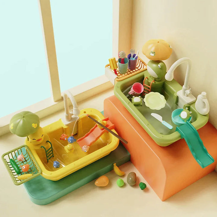 Green frog and yellow duck play sinks displayed with dish racks and colorful accessories