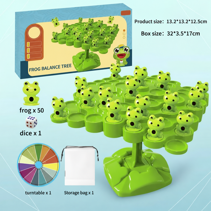 Frog balance game with labeled dimensions, 50 frog figures, a die, spinner, and storage bag