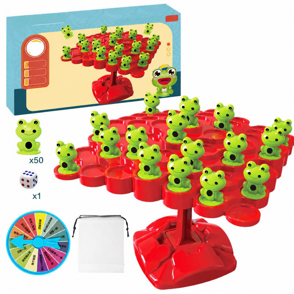 Frog balancing game with a red board, green frog pieces, die, spinner, storage bag, and box.