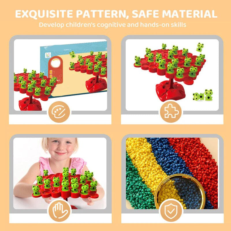 Collage showing the frog balancing game, its packaging, and a child playing.