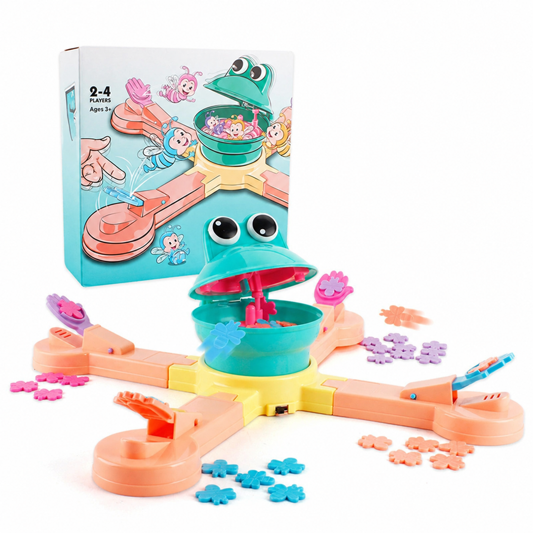 Frog-themed board game with four launchers, colored insect pieces, and a retail box