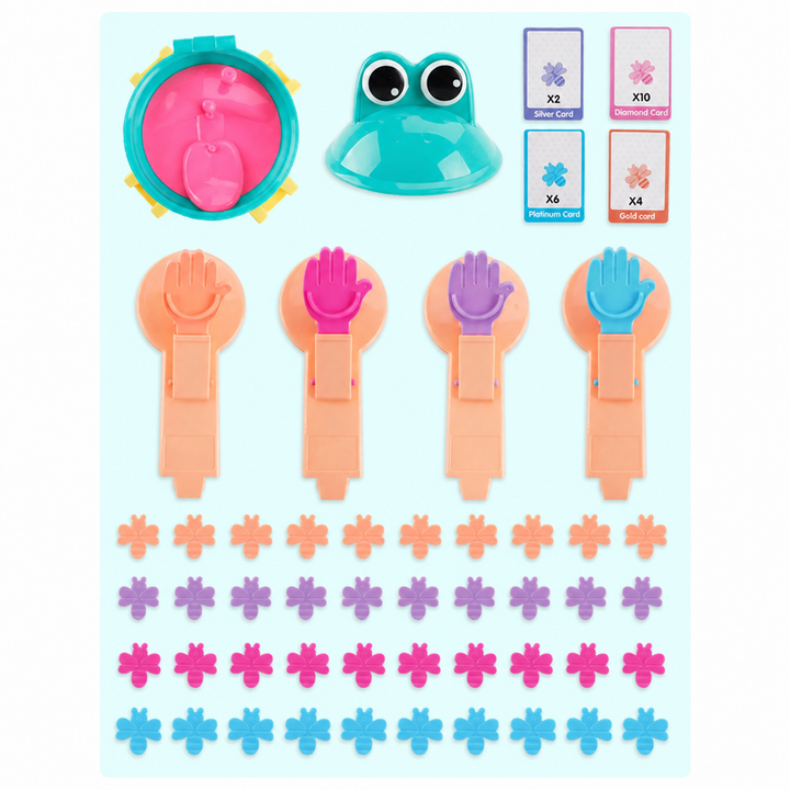 Frog game components arranged with four launchers and 40 color-sorted insect pieces