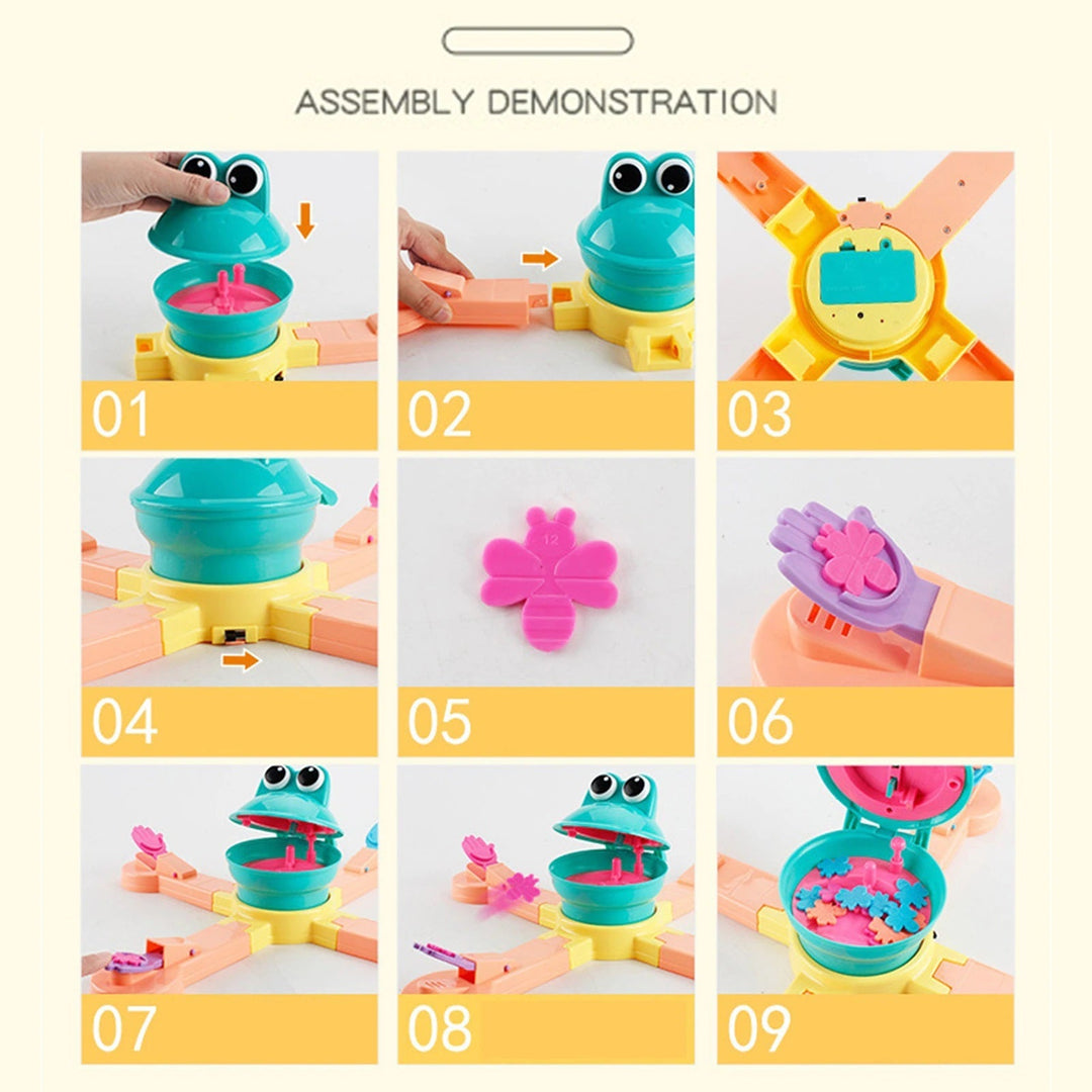 Nine-step frog game assembly guide showing the base, launchers, and insect pieces