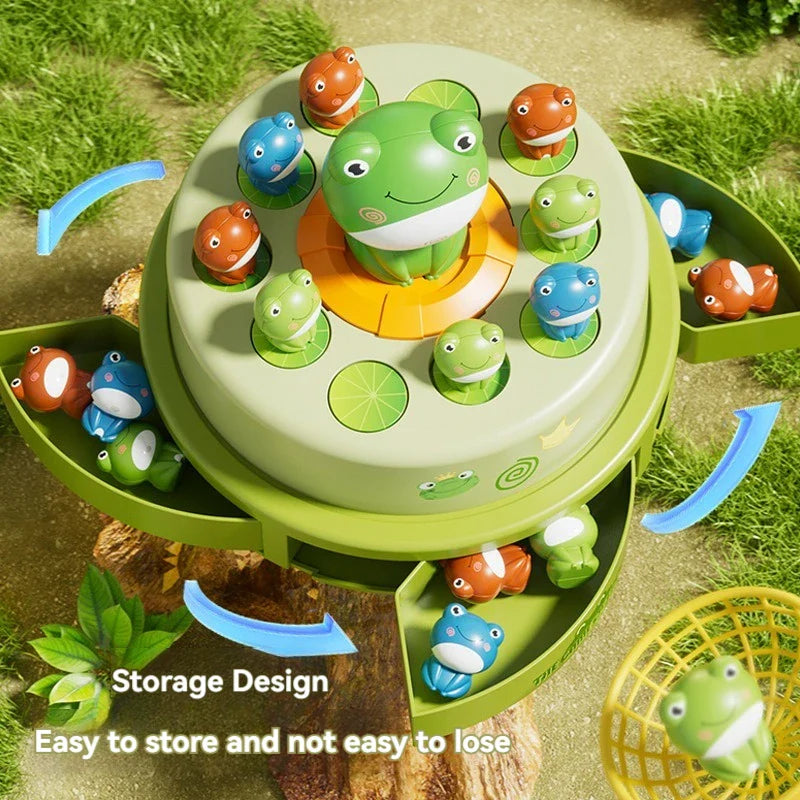 Overhead view of the frog game with swing-out compartments holding colorful frog pieces