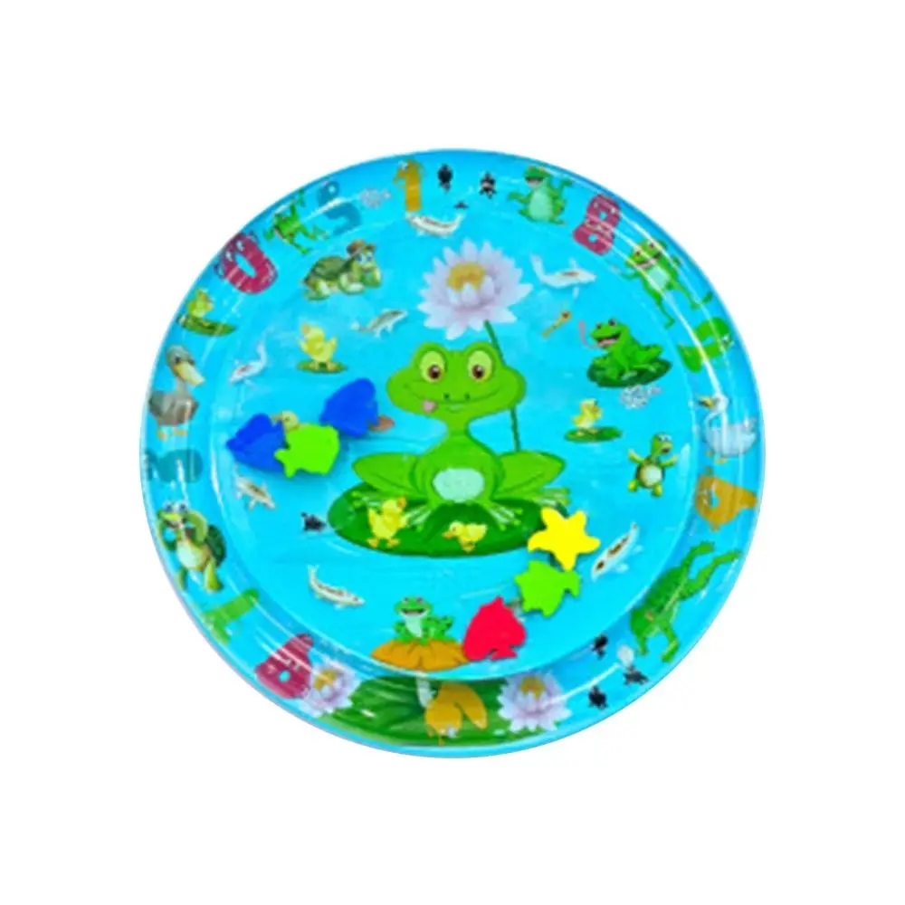 Round frog water mat with a green frog, lily pads, and colorful floating shapes
