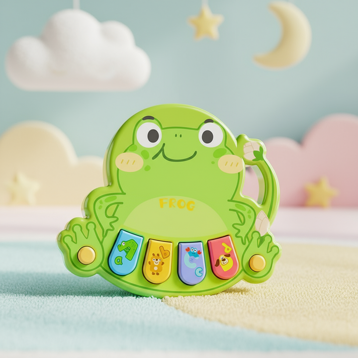Green frog animal piano with colorful keys on a pastel play surface