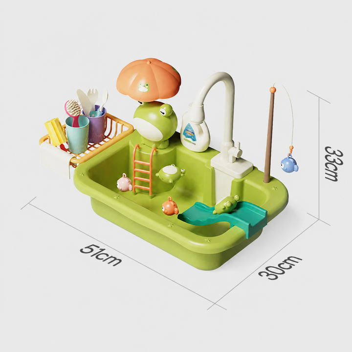 Green frog play sink shown with measurements of 51 x 30 x 33 cm