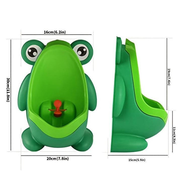 Front and side measurements of the green frog urinal, sized 20 x 30 x 15 cm