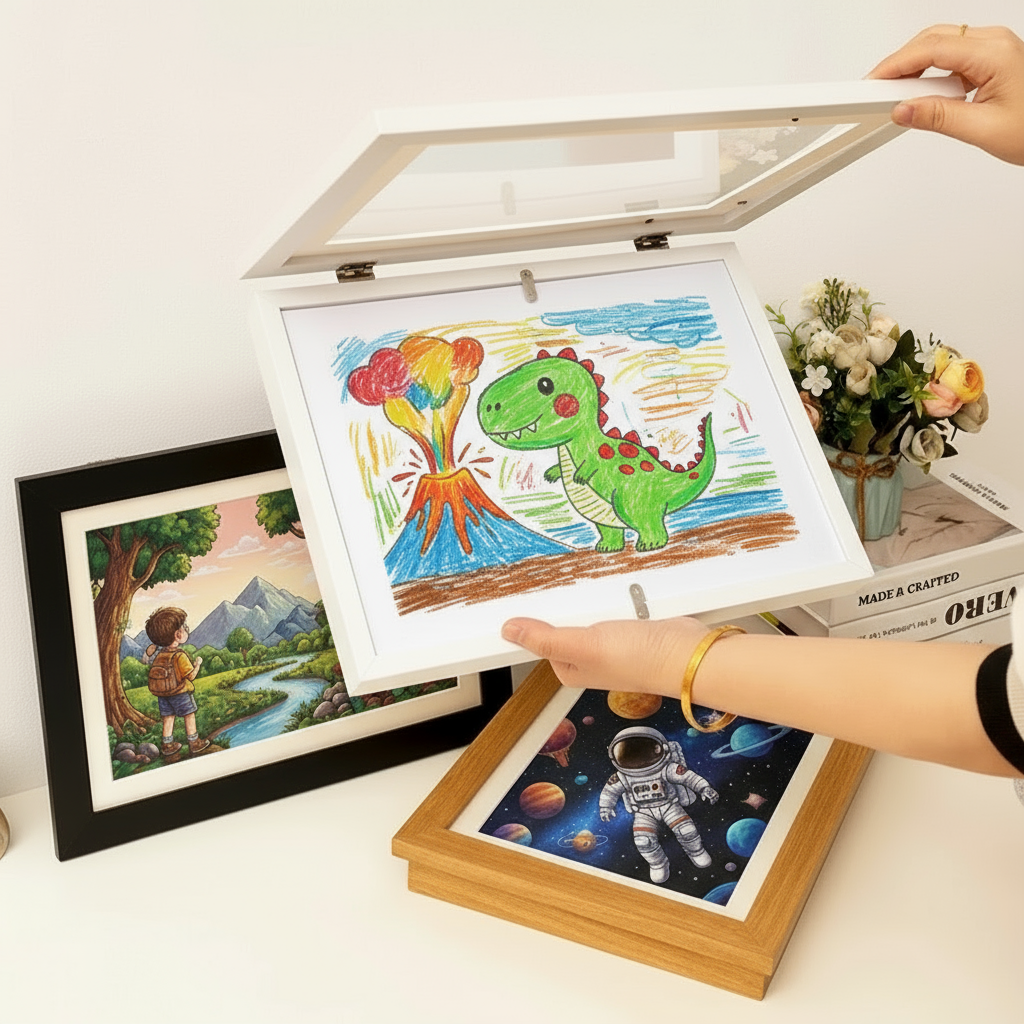 Hands opening an art frame with a colorful dinosaur drawing