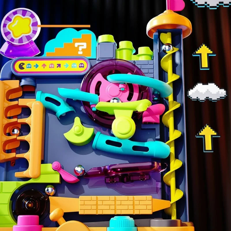 Front view of the multicolor ball track with a tall yellow spiral lift on the right
