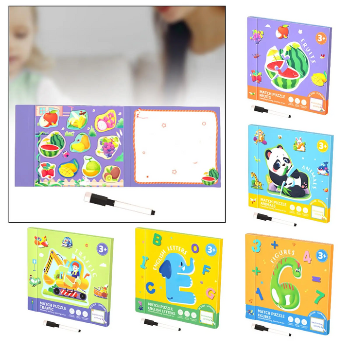 Open fruit matching book with an erasable drawing page, pen, and five theme covers.