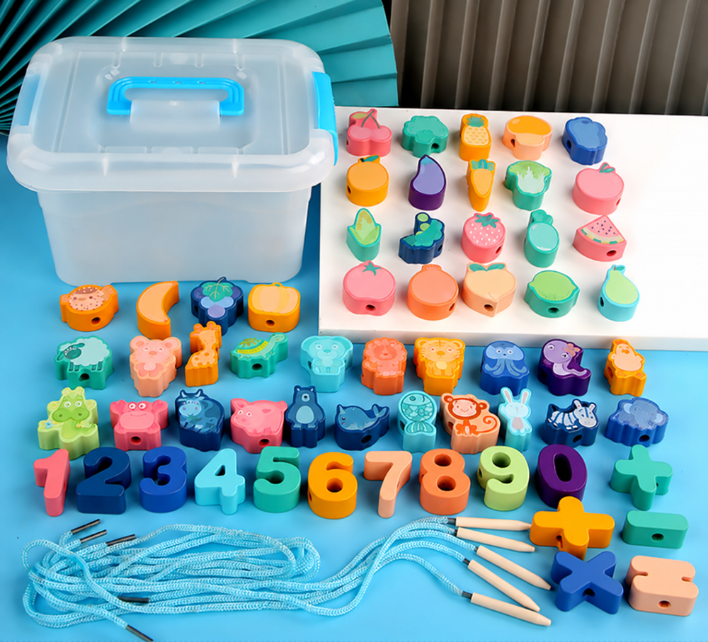 Fruit and animal bead set with number beads, threading cords, and a handled storage box