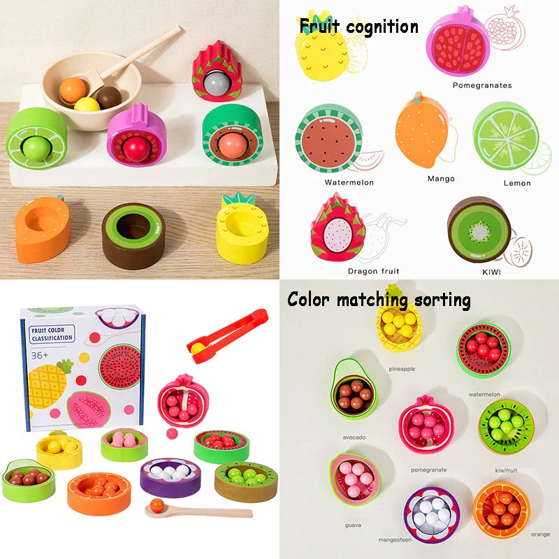 Fruit-shaped sorting bowls, matching boards, and colorful balls shown in several play setups
