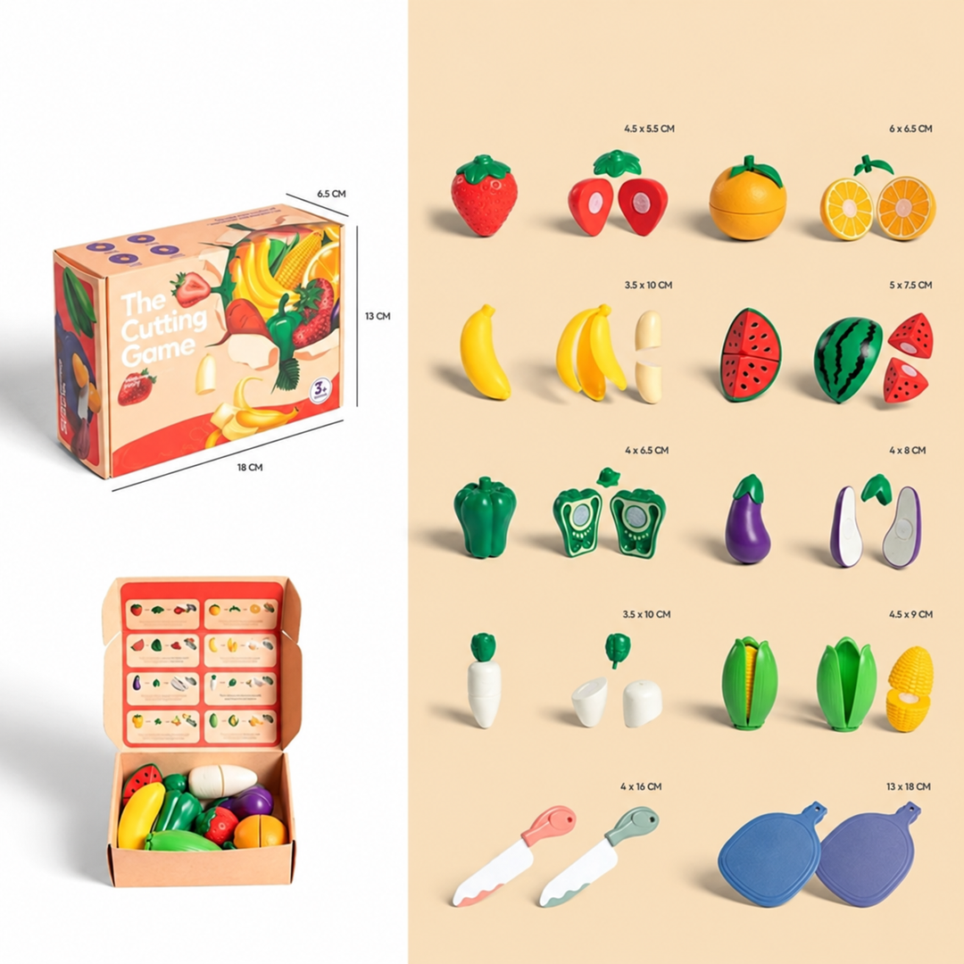 Variant A fruit cutting set showing play food, toy utensils, cutting boards, and packaging