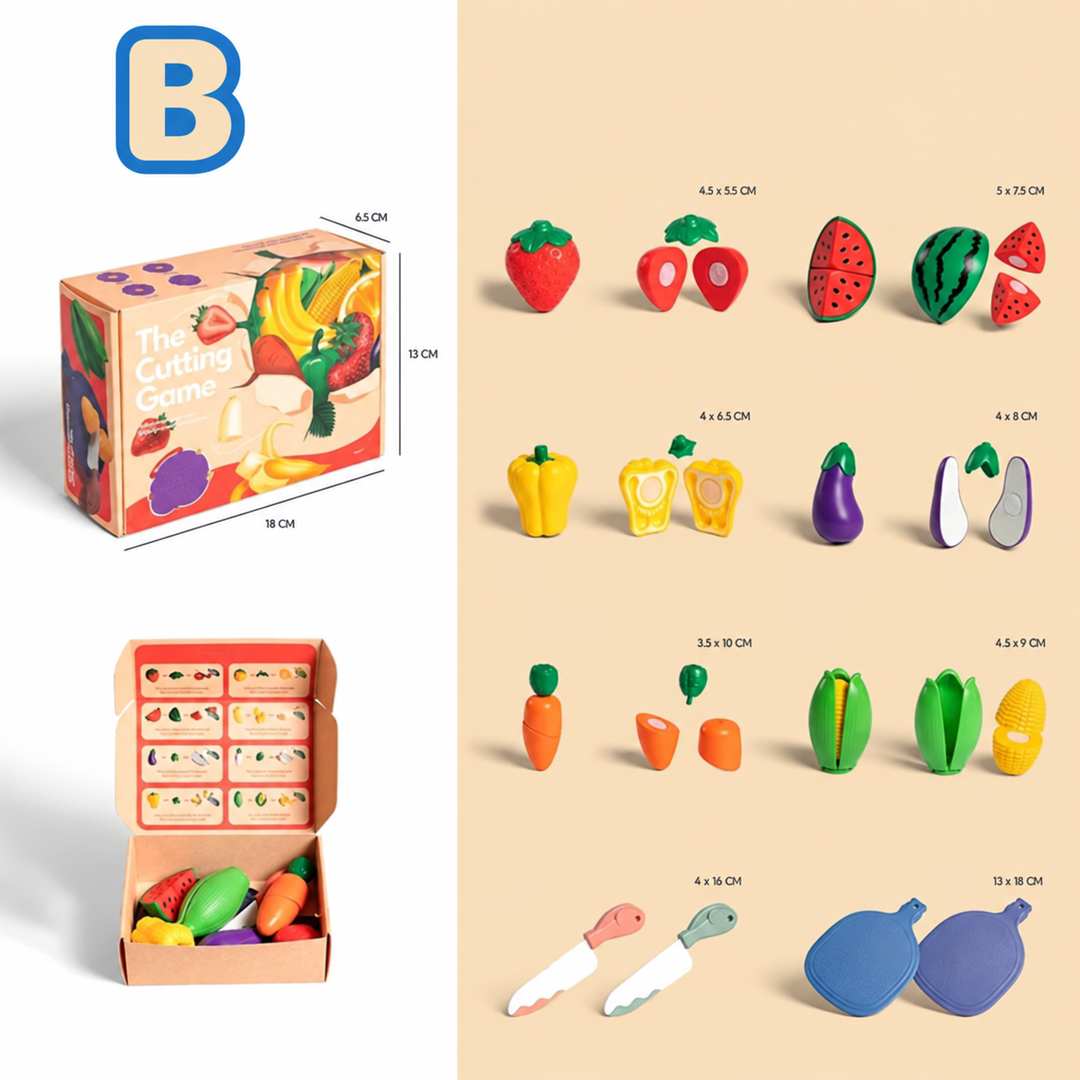 Variant B play food assortment with watermelon, peppers, carrot, eggplant, and cutting accessories