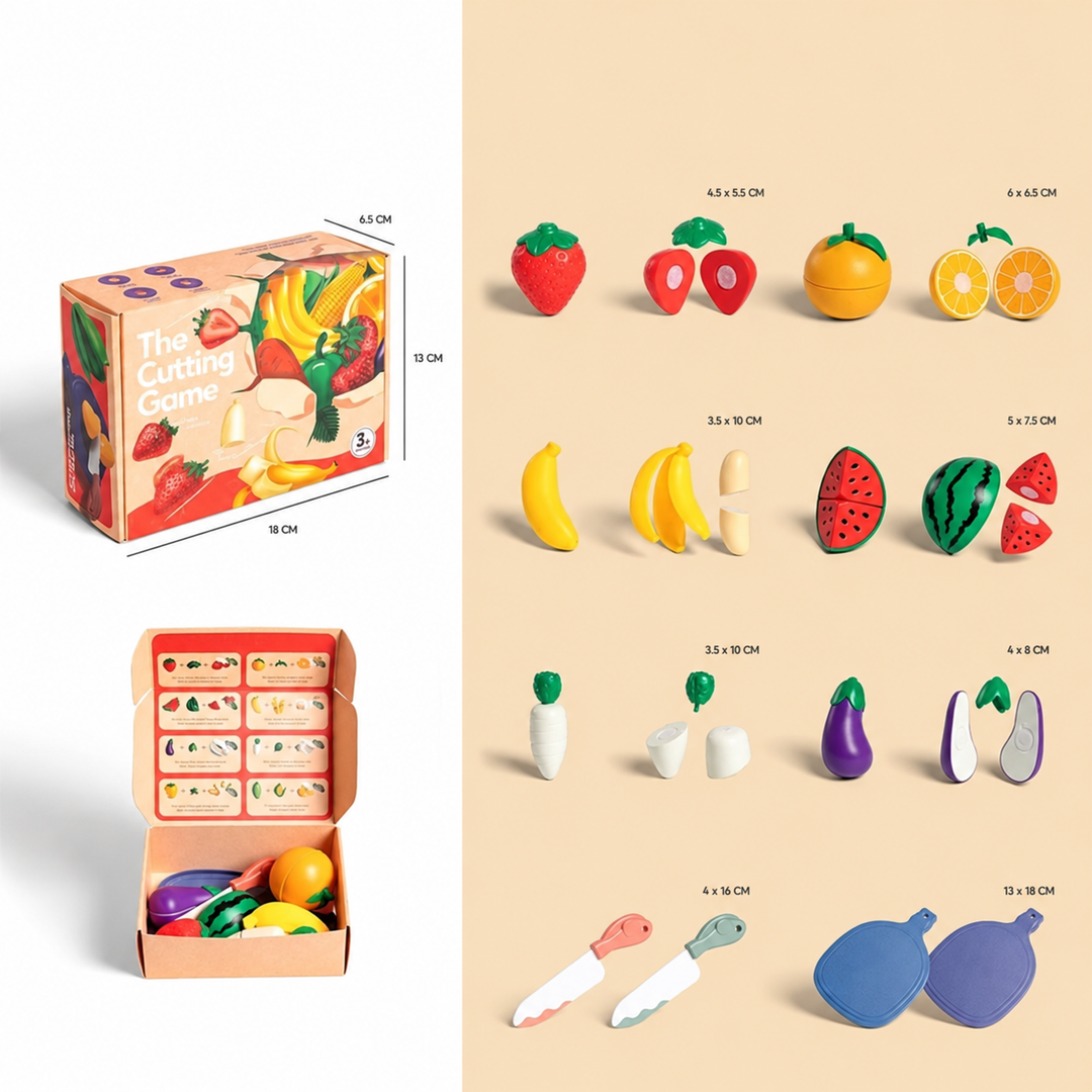 Variant C fruit cutting set showing strawberry, orange, banana, eggplant, and an open box of play food