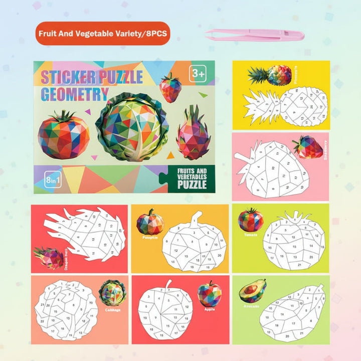 Fruit-themed sticker puzzle set with eight geometric designs and pink tweezers