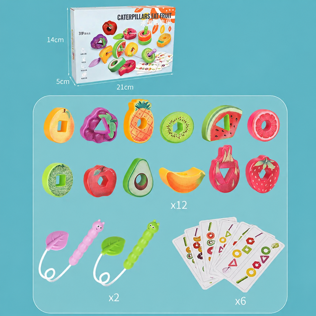 Kit contents with 12 fruit pieces, 2 caterpillar laces, 6 matching cards, and box measurements