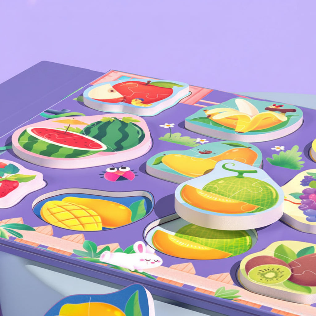 Close-up of colorful fruit puzzle pieces on the open purple matching page.