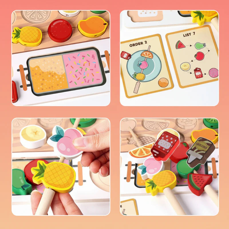 Fruit sorting details showing illustrated order cards, pretend topping trays and wooden fruit pieces