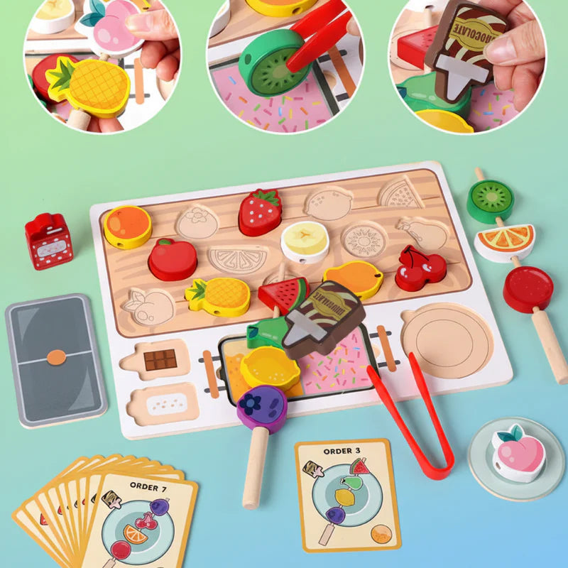 Wooden fruit sorting set with close-ups of fruit pieces, red tongs and pretend toppings