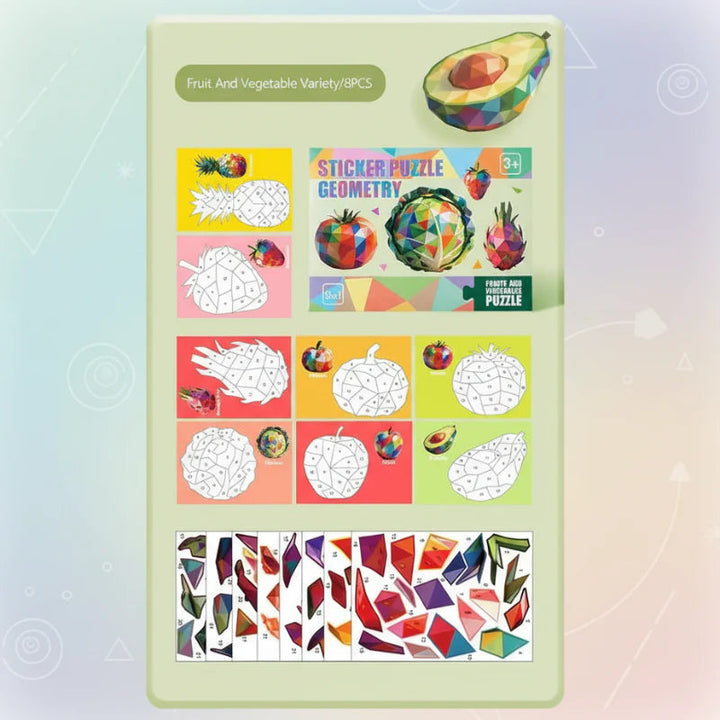 Fruit-themed sticker puzzle kit with puzzle sheets and colorful geometric sticker pieces