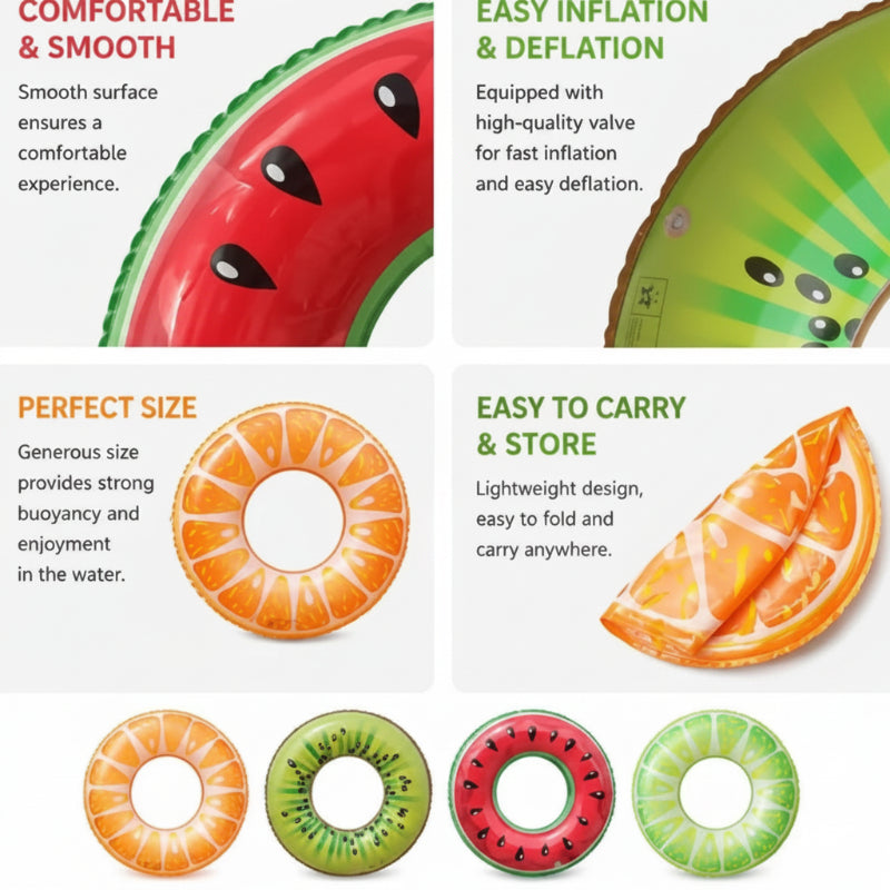Swim ring details showing the smooth surface, air valve, fruit designs, and a folded ring.
