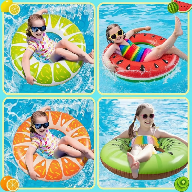 Four-panel collage of children using lime, watermelon, orange, and kiwi swim rings in a pool.