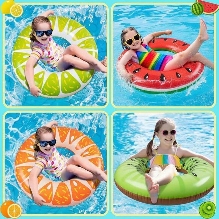 Four-panel collage of children using lime, watermelon, orange, and kiwi swim rings in a pool.