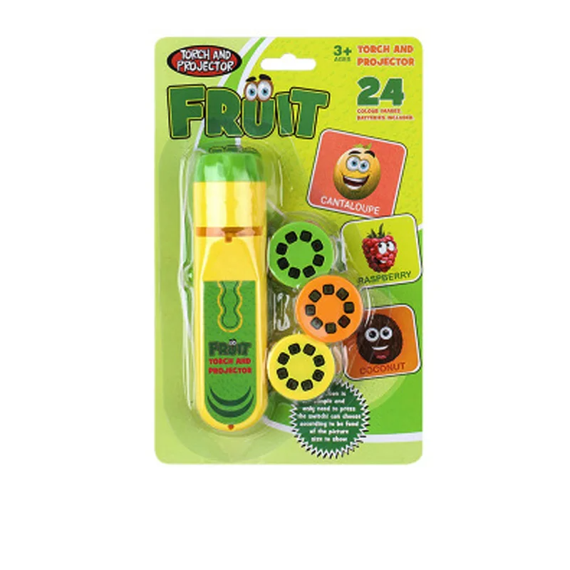 Yellow-and-green fruit projection flashlight packaged with three picture slide discs