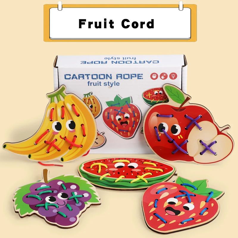 Fruit-themed wooden lacing boards with banana, apple, grapes, watermelon, and strawberry designs