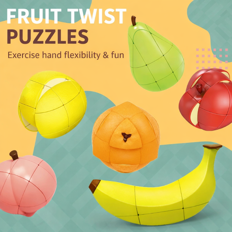 Six fruit-shaped twist puzzle designs: lemon, pear, apple, orange, peach, and banana