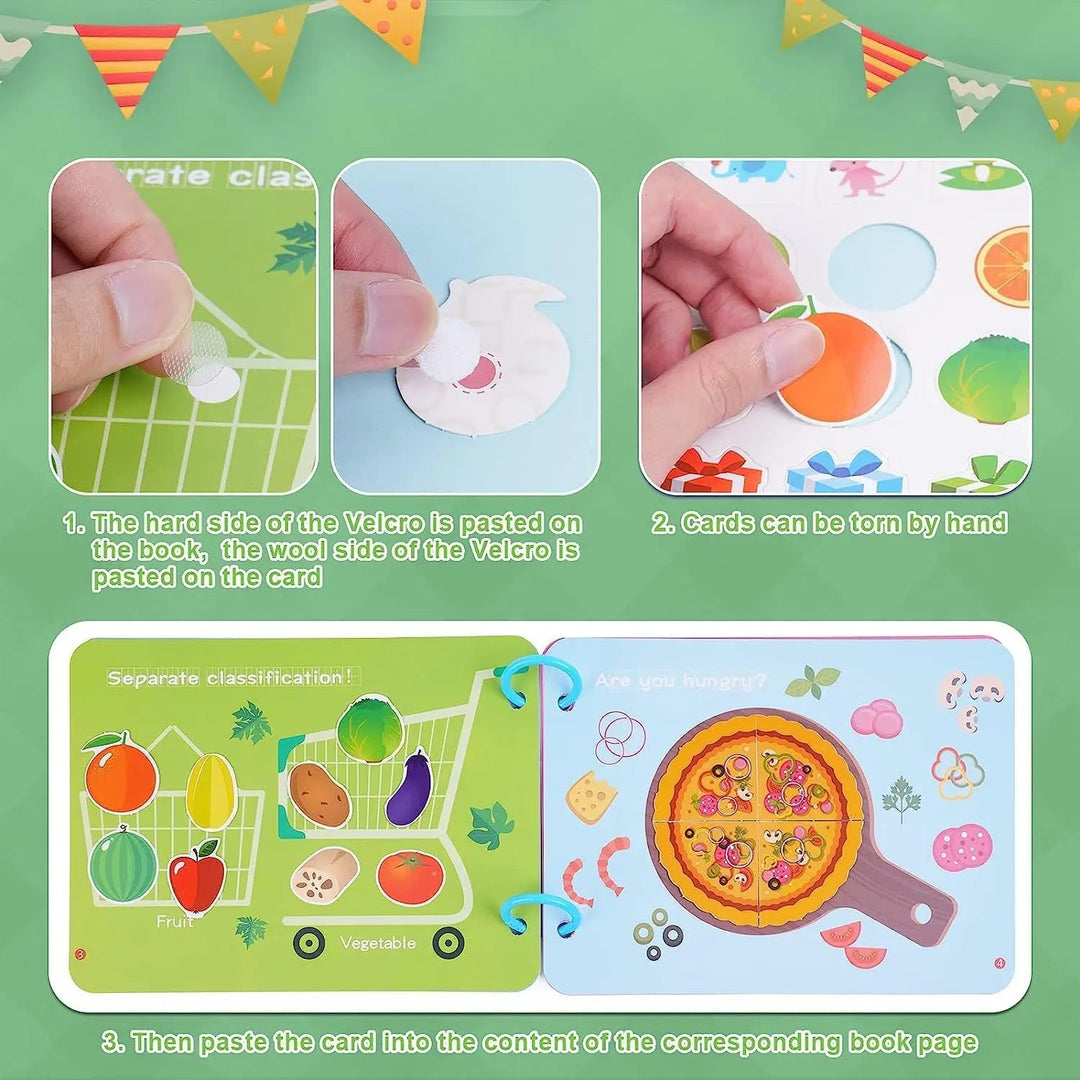 Hands demonstrating how to attach matching pieces to fruit and vegetable activity pages