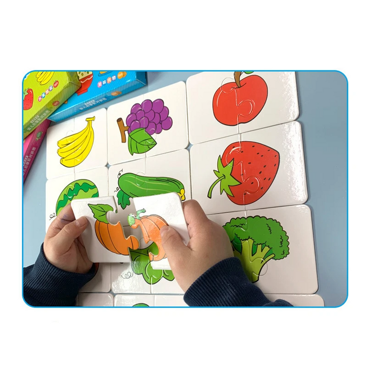Hands holding pumpkin puzzle pieces in the Fruits and Vegetables theme