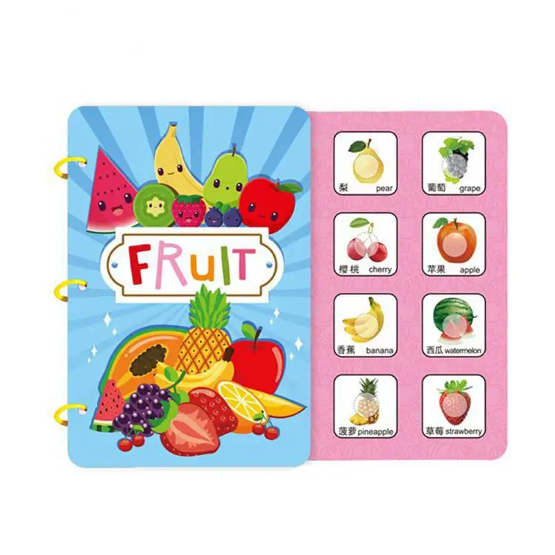 Fruit activity book with labeled matching pieces for pears, grapes, cherries, and other fruits