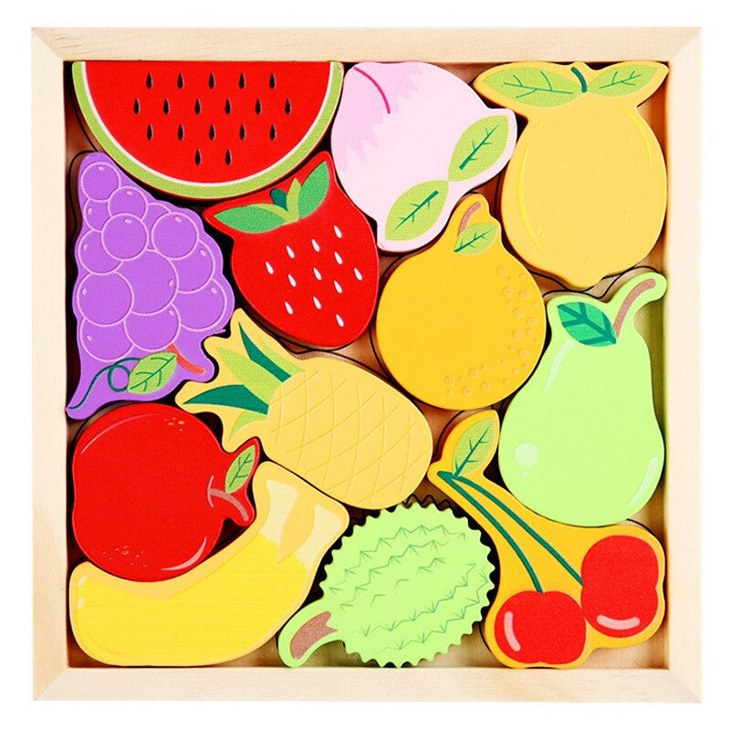 Wooden fruit puzzle with colorful apple, banana, grape, and pear pieces