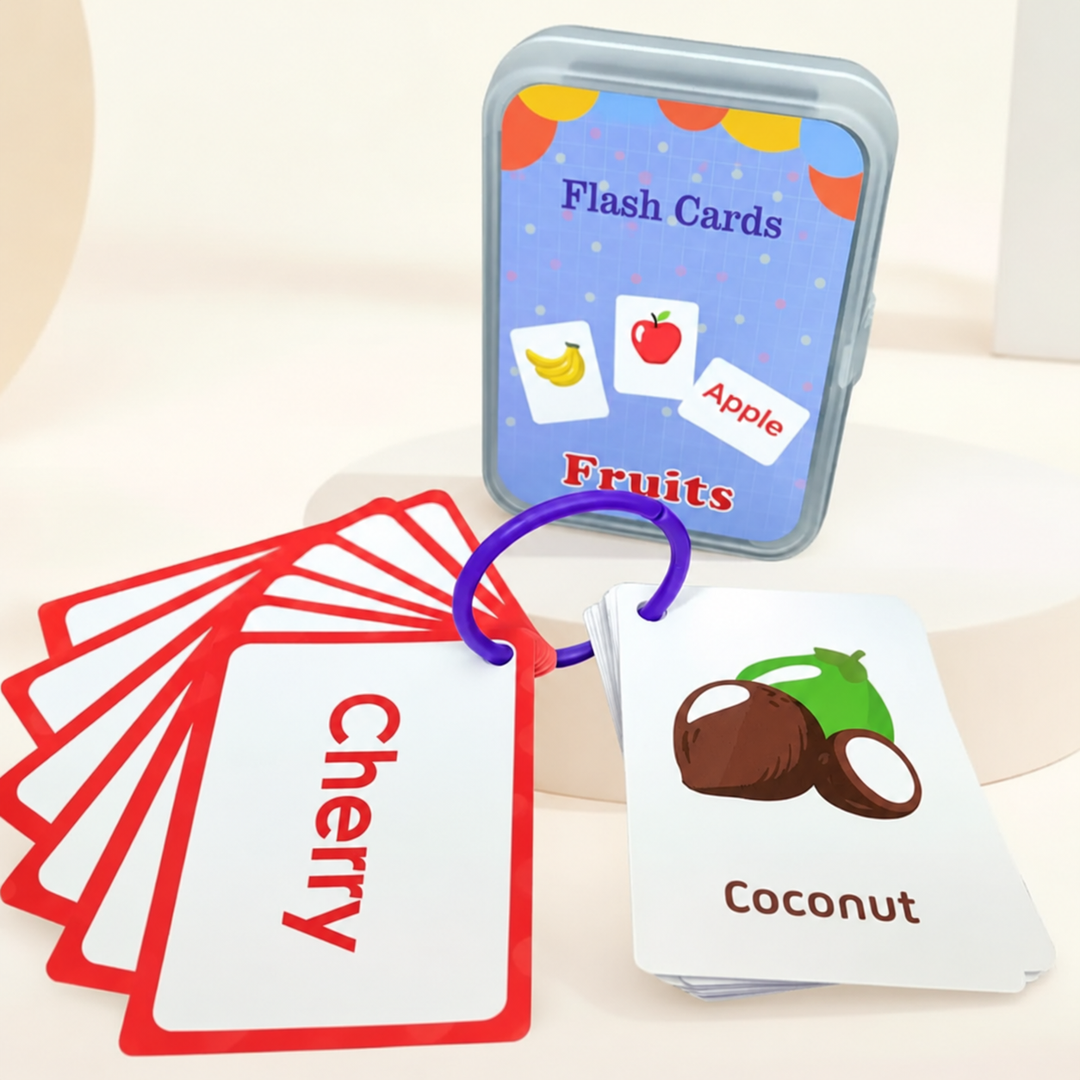 Fruit flash cards showing cherry and coconut, with a ring and storage case.