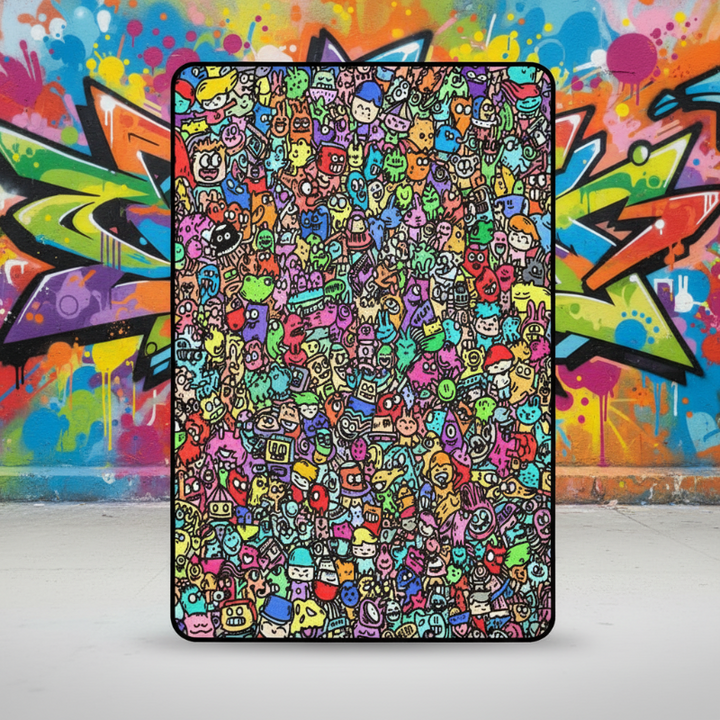 Fully colored doodle mat displayed against a colorful mural